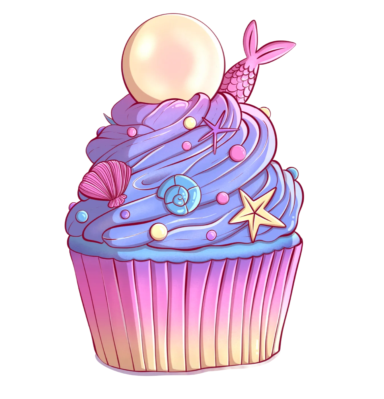 Mermaid cupcake with pearl and seashells — illustration by Lizy Del Busto
